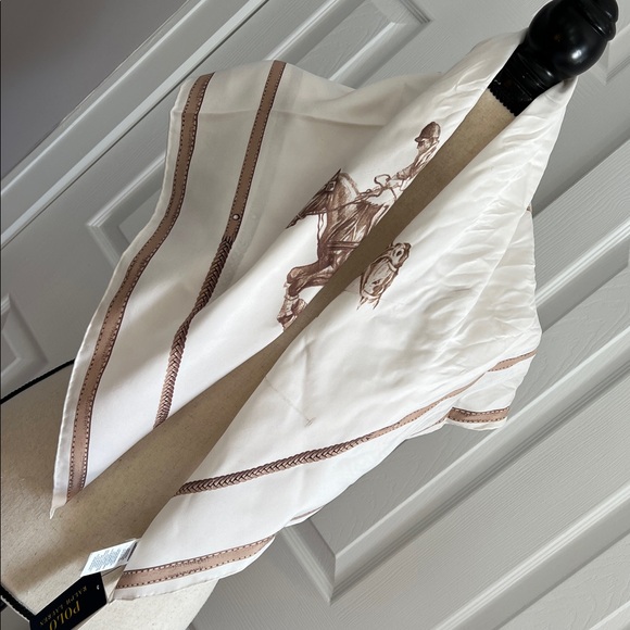 Polo Ralph Lauren Equestrian Silk Scarf Polo Horse Print Cream Brown - Picture 16 of 17